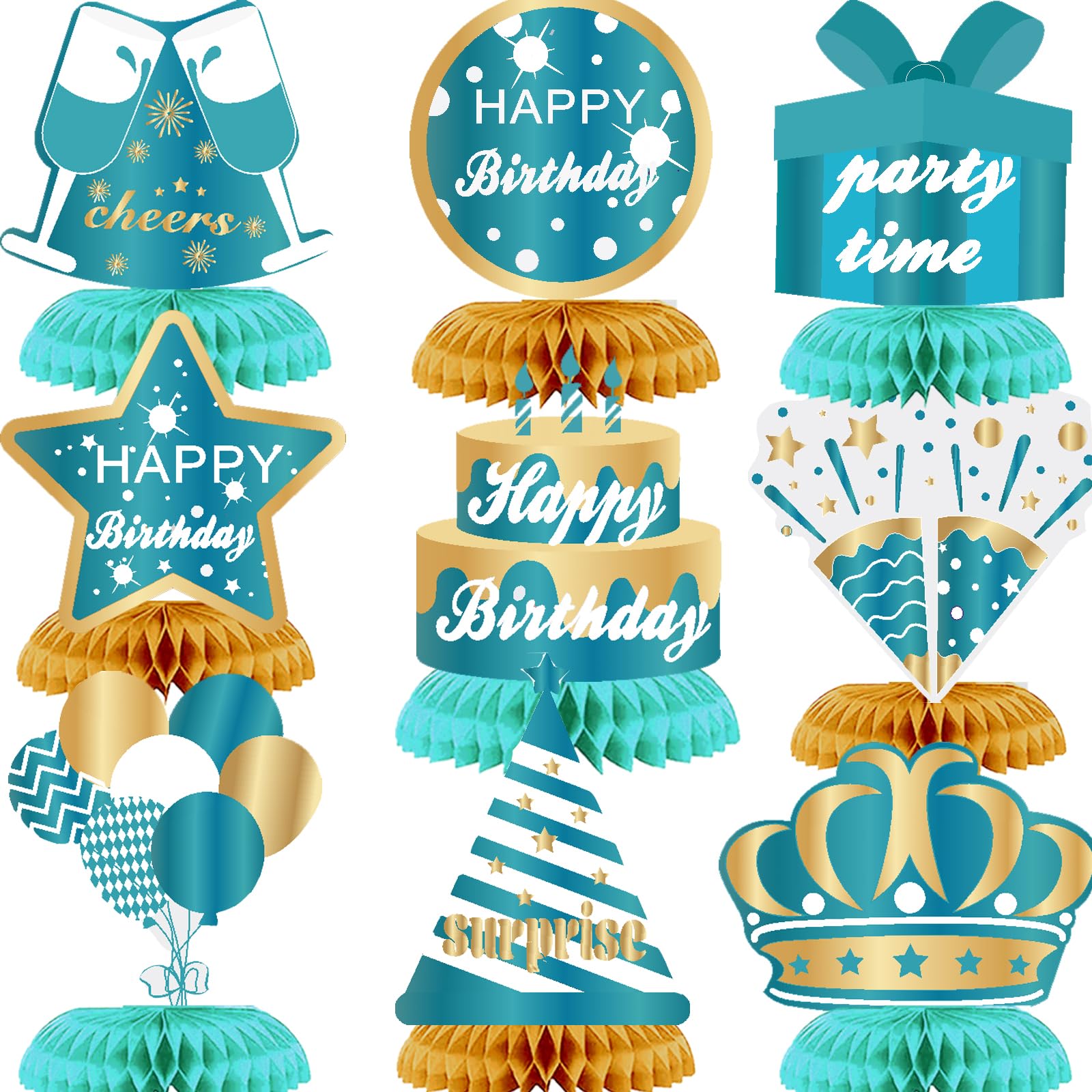 9PCS Lake Blue Gold Happy Birthday Decorations Honeycomb Centerpieces Happy Birthday Table Centerpieces Party Supplies 15th 16th 18th 21st 30th 40th