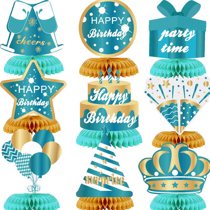 9PCS Lake Blue Gold Happy Birthday Decorations Honeycomb Centerpieces Happy Birthday Table Centerpieces Party Supplies 15th 16th 18th 21st 30th 40th