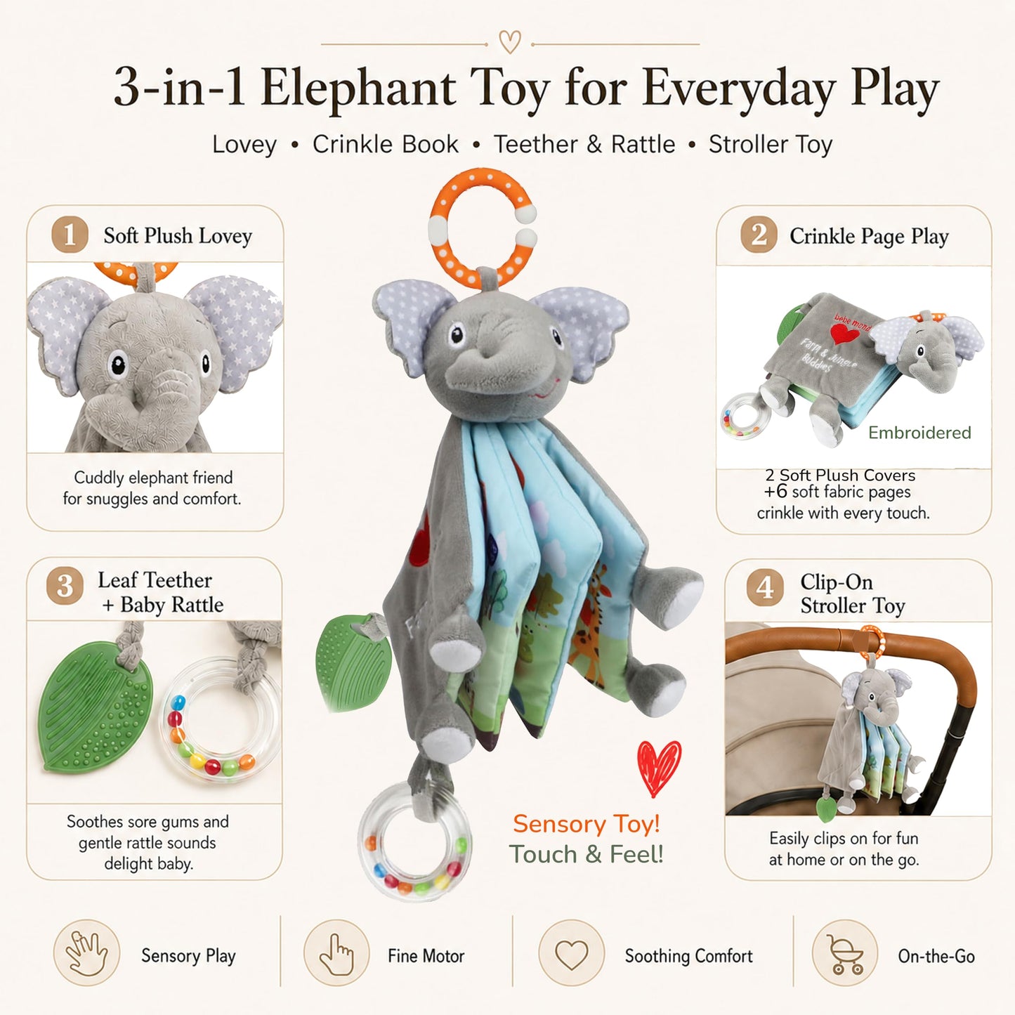 Elephant Baby Toy, Baby Toys 0-6 Months, Infant Toys 6-12 Months, Lovey Crinkle Books for Babies, Sensory Toys,Baby Teething, Baby Rattle,Touch Feel
