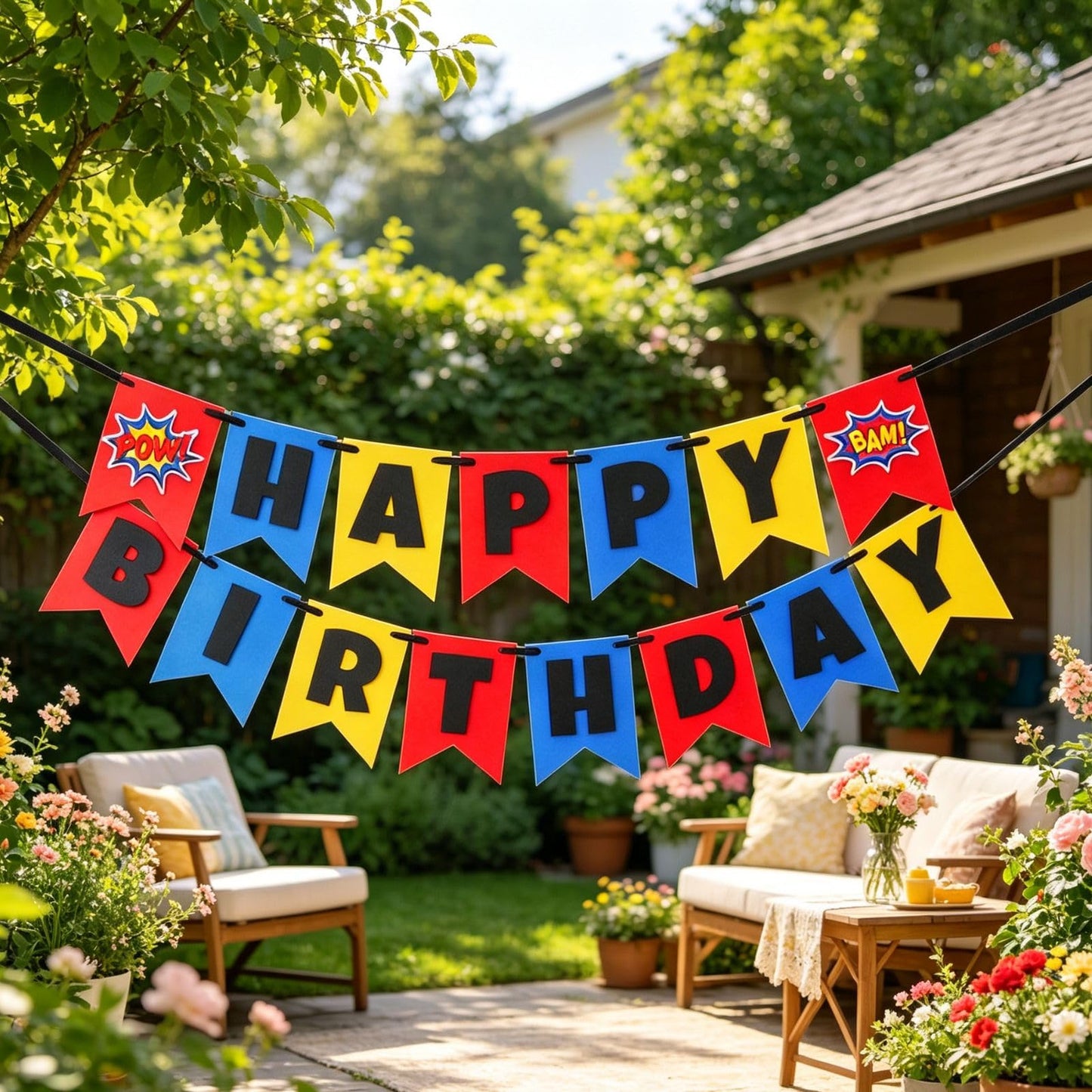 Superhero Happy Birthday Banner, Pre-Strung No Assembly