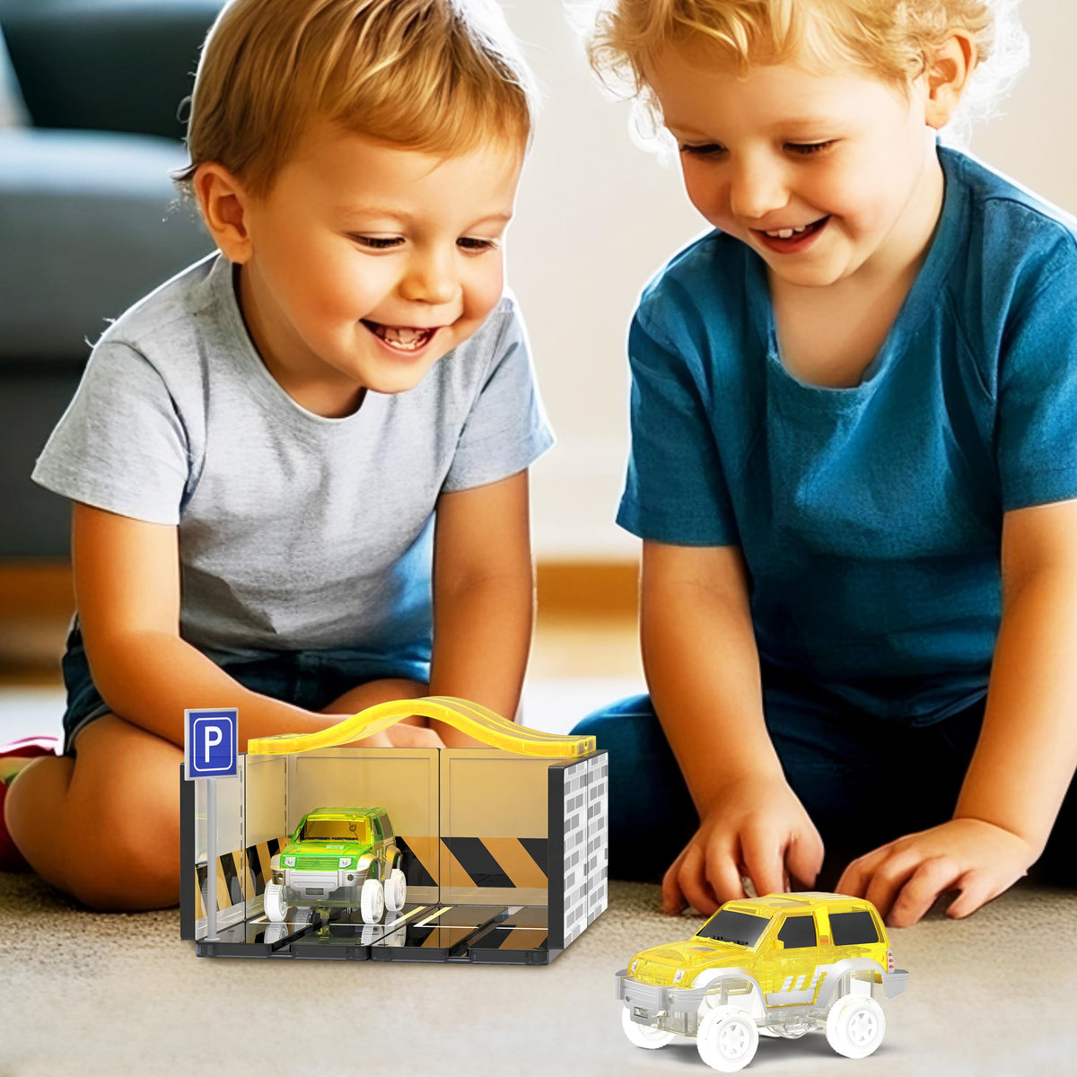 PicassoTiles Magnetic Tiles Race Car Track Kit Parking Garage Expansion Pack with 2 Cars Magnet Tile Building Blocks Educational Toy Learning Kit