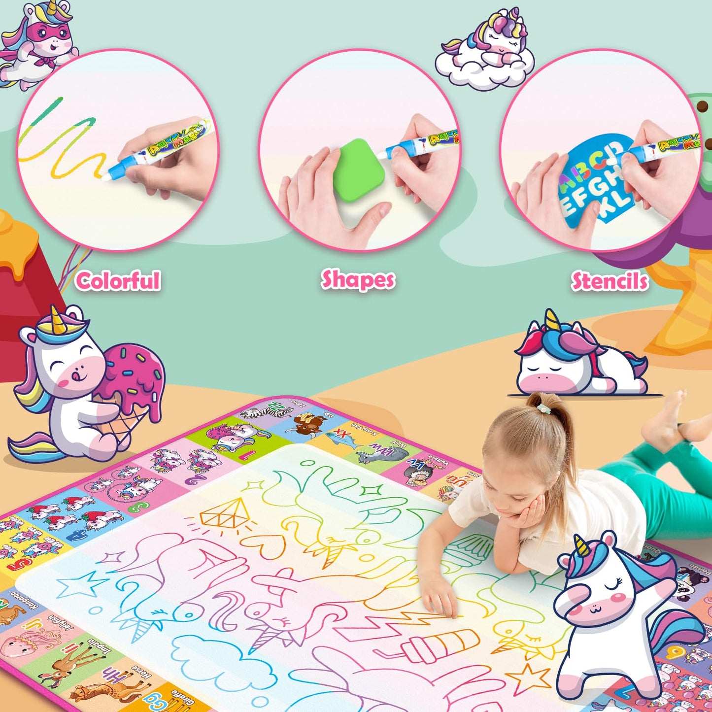Aqua Water Doodle Mat - Kids Drawing Mat Toddlers Educational Toys for Age 3 4 5 6 7 8 Year Old Boys Girls Gifts - Neon Color Mat Doodle Board Writing