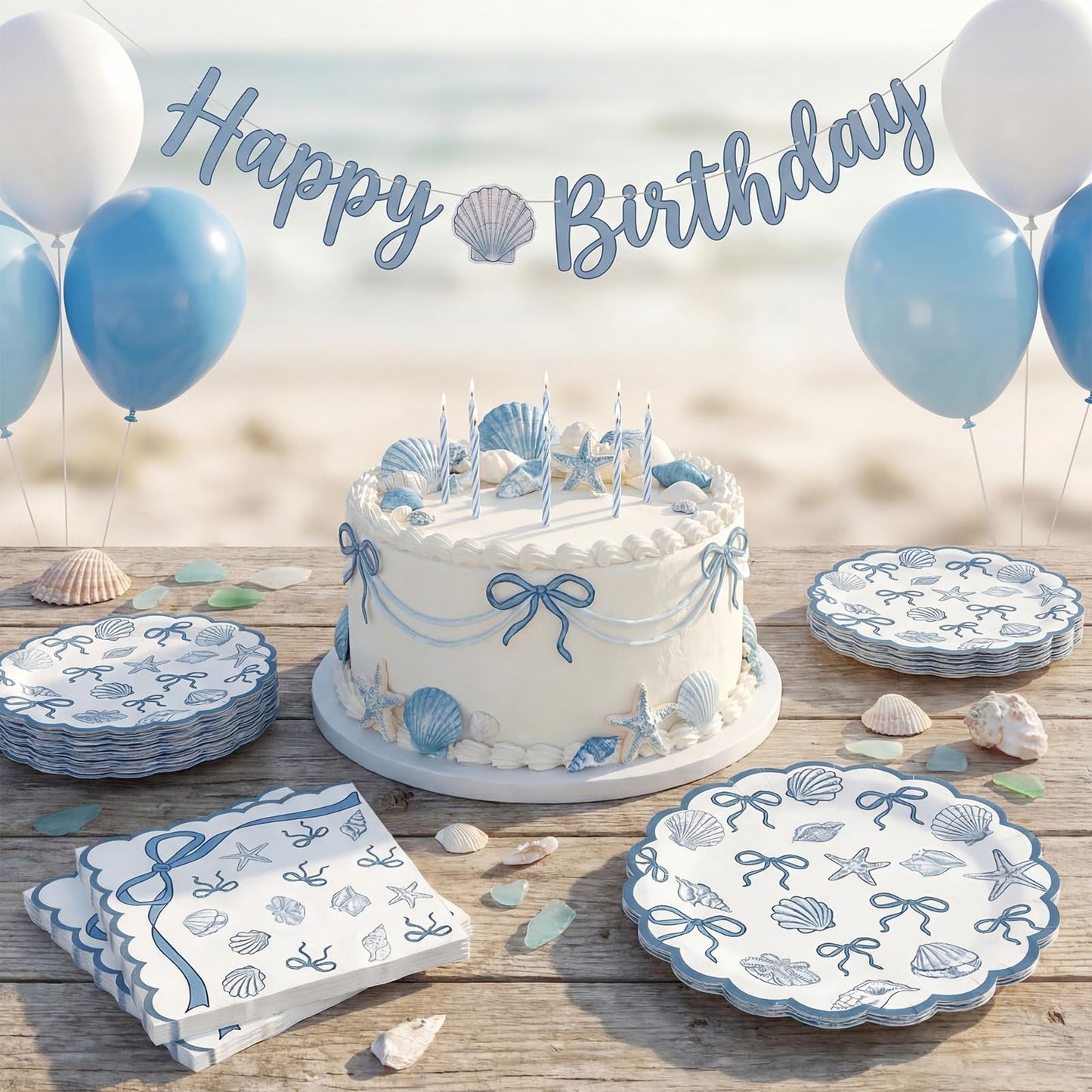 40Pcs Scalloped Coastal Party Supplies Include Summer Starfish Seashell Plates&Paper Napkins Disposable Blue Bow Ocean Theme Tableware Set
