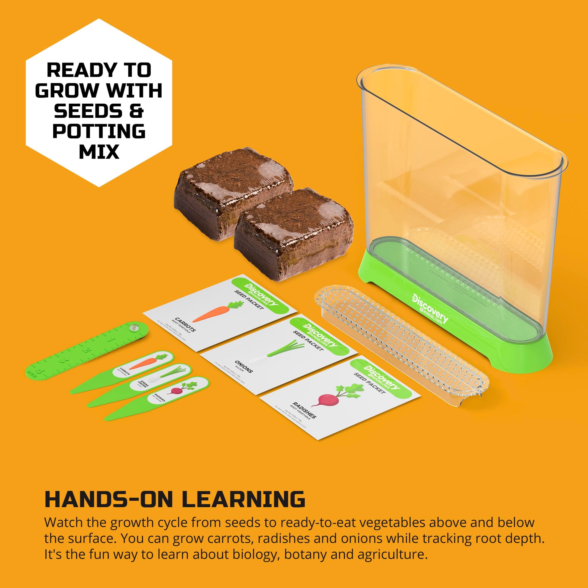 Discovery™ Edible Veggie Garden Watch-It-Grow Kit - DIY STEM Activity for Kids | Grow Carrots, Radishes & Onions| 11-Piece Science Kit with Seeds