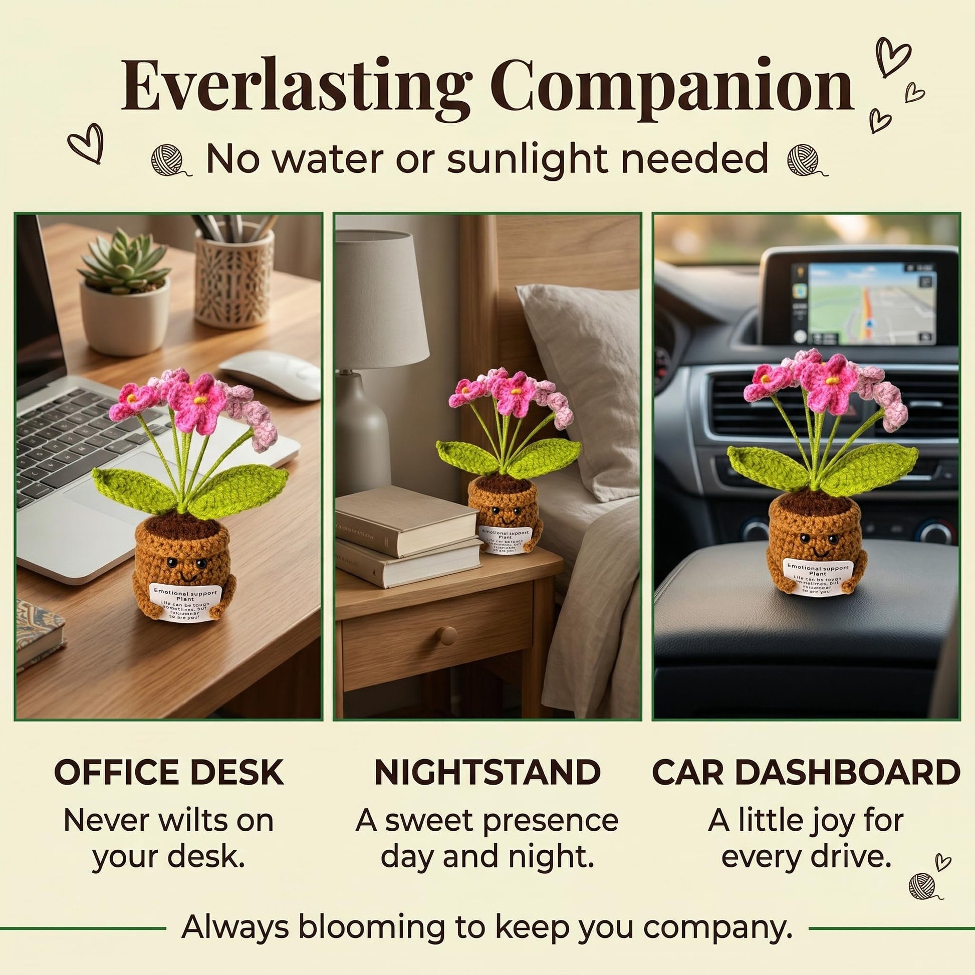 ZRXKSOPP Emotional Support Crochet Flower with Positive Card,Handmade Positive Crochet Flowers Potted Cheerful Present for Office Desk Decor,Living