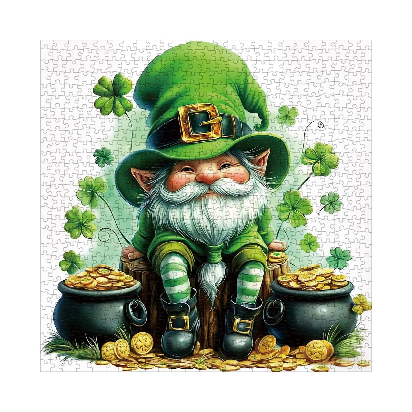 Larkipuzz Green Cute Gnome Puzzles for Adults 1000 Pieces, Art Holiday Plant Coin Jigsaw Puzzles, Beautiful Difficult Dwarf Puzzle