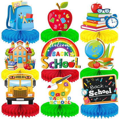 Back to School Decorations - 9PCS Honeycomb Centerpieces, Back to School Party Decorations for Classroom, Teacher Desk, First Day of School Table