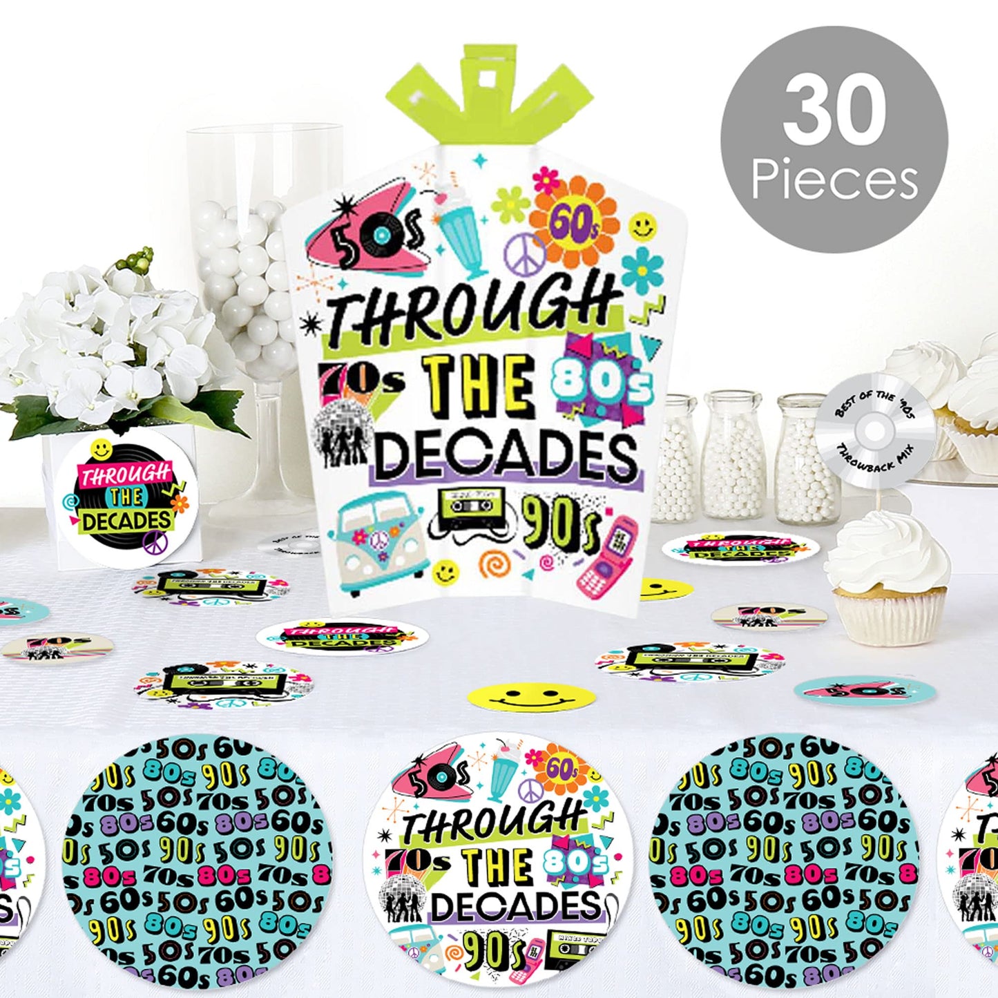 Big Dot of Happiness Through the Decades - 50s, 60s, 70s, 80s, and 90s Party Decor and Confetti - Terrific Table Centerpiece Kit - Set of 30