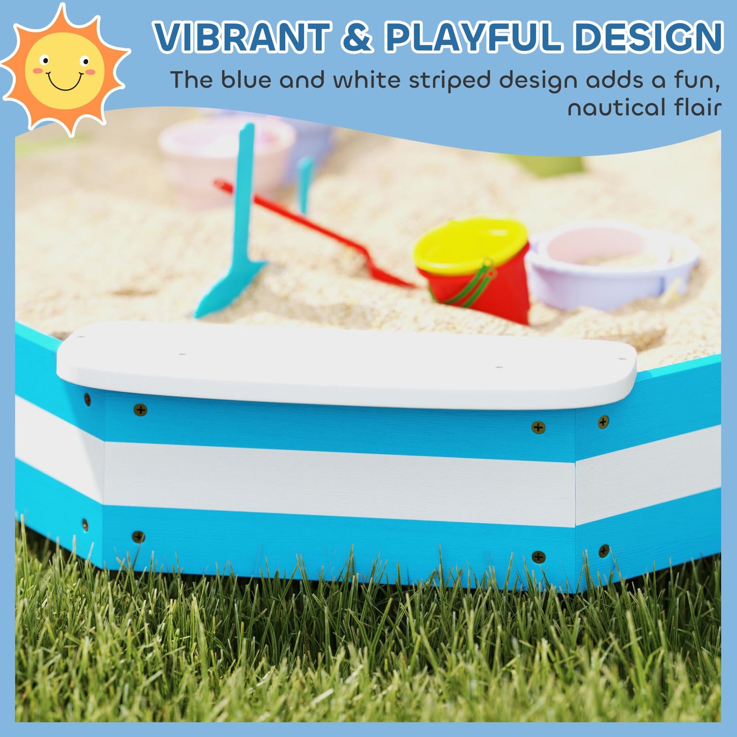 Qaba Kids Sandbox with 4 Corner Seats Bottom Liner 52" x 52" x 6" Blue
