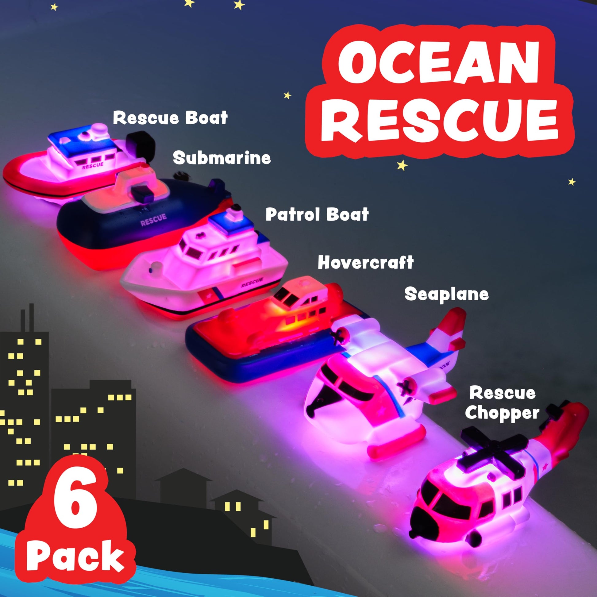 Tub Works® Ocean Rescue™ Vehicles Light Up Bath Toys, 6 Pack | Water-Activated Light Up Toys Flash & Change Color | Easy-Grip Baby & Toddler Bath Toys