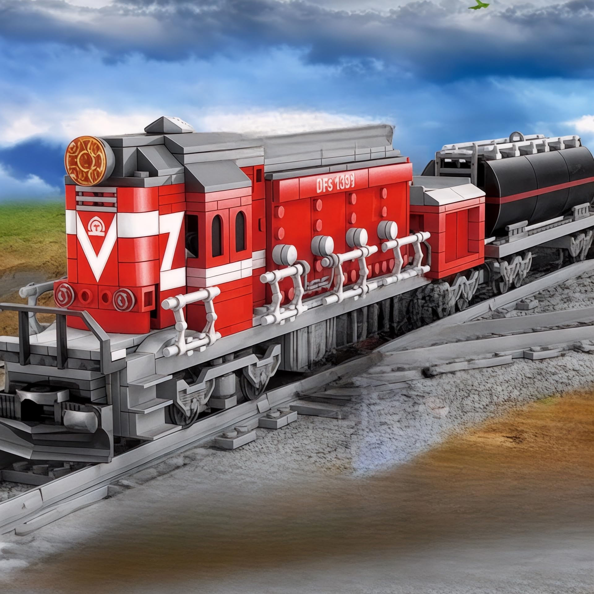 General Jim's Red Diesel Cargo Train Building Blocks Set - 1000+ Piece City Series with Automatic Running System, Railway Tracks, and Truck - L Gauge
