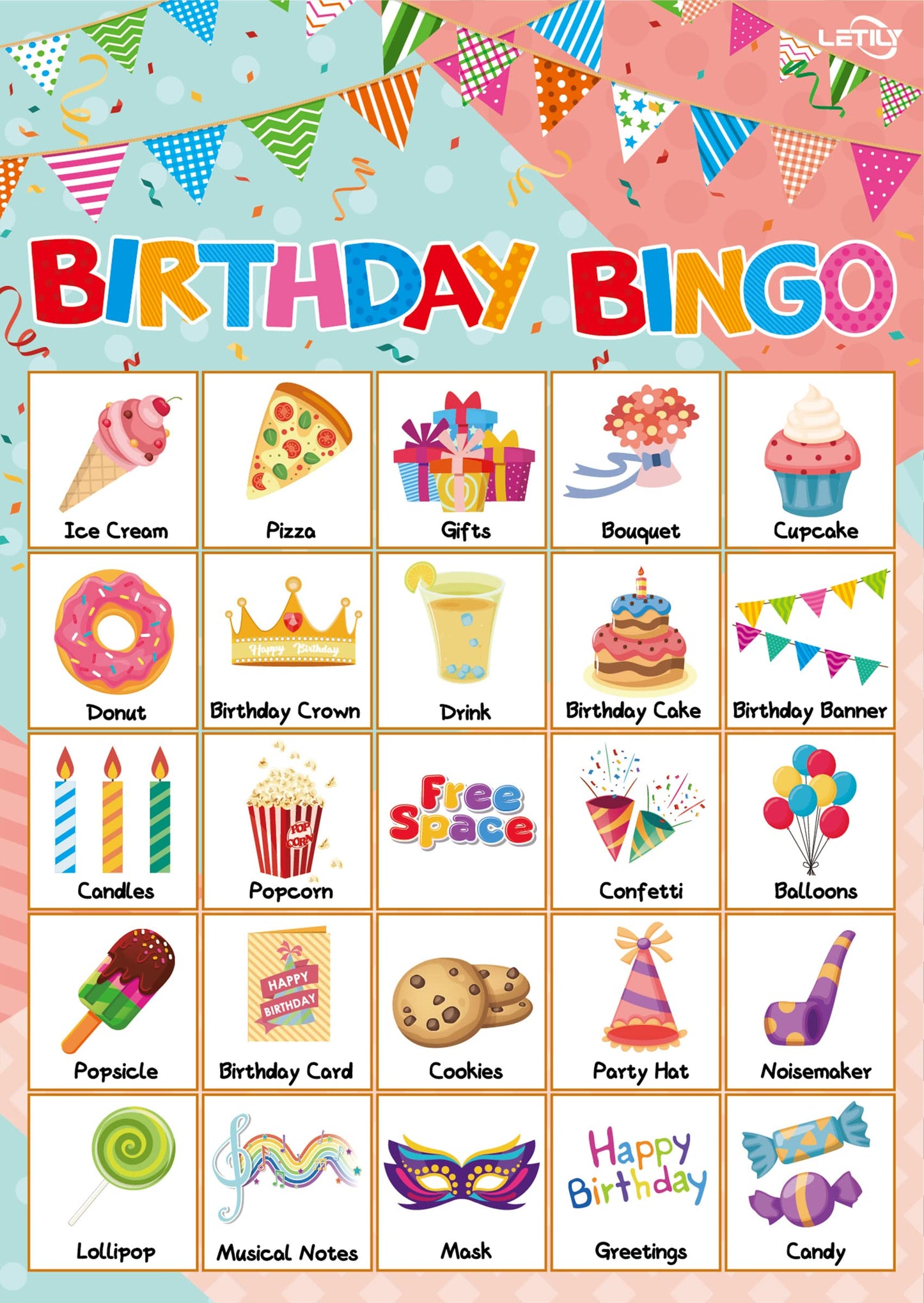 LETILY Birthday Bingo Game 24 Players for Kids - Fun and Festive Patterns for a Memorable Birthday Party