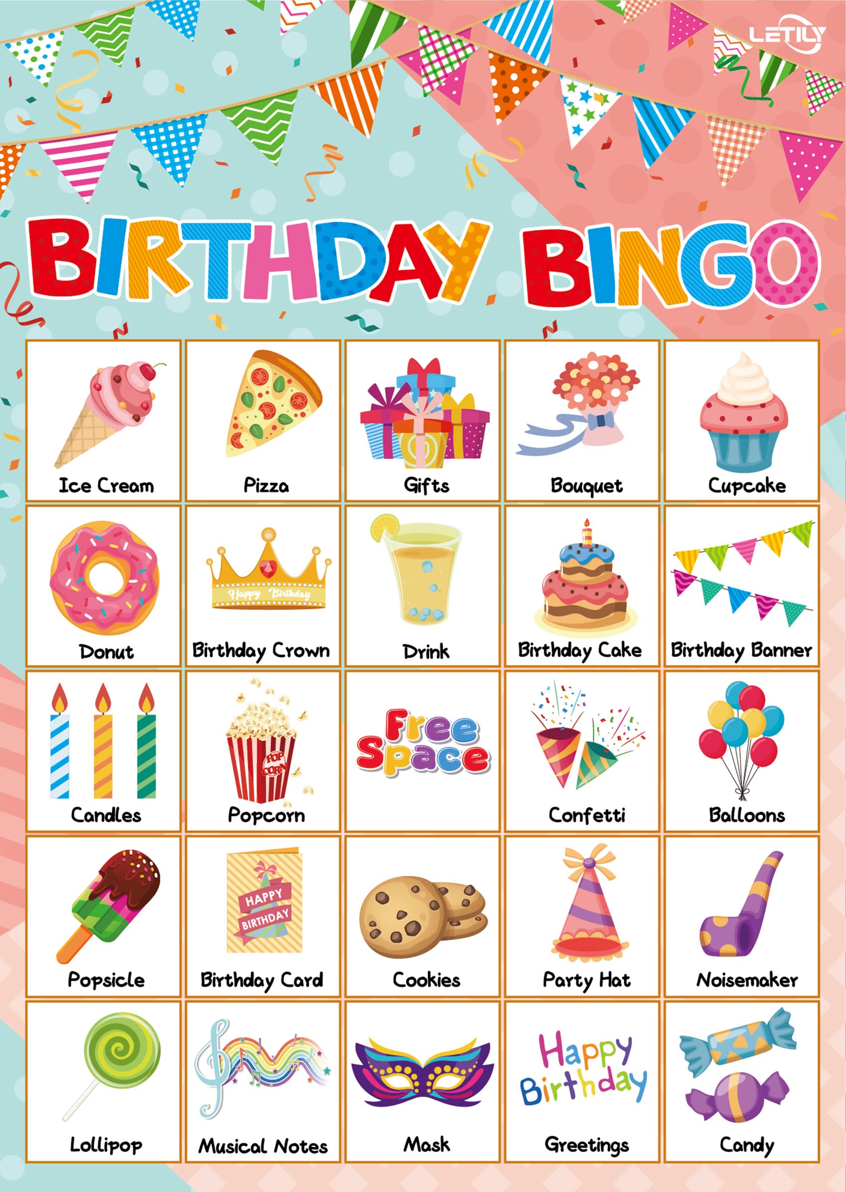 LETILY Birthday Bingo Game 24 Players for Kids - Fun and Festive Patterns for a Memorable Birthday Party