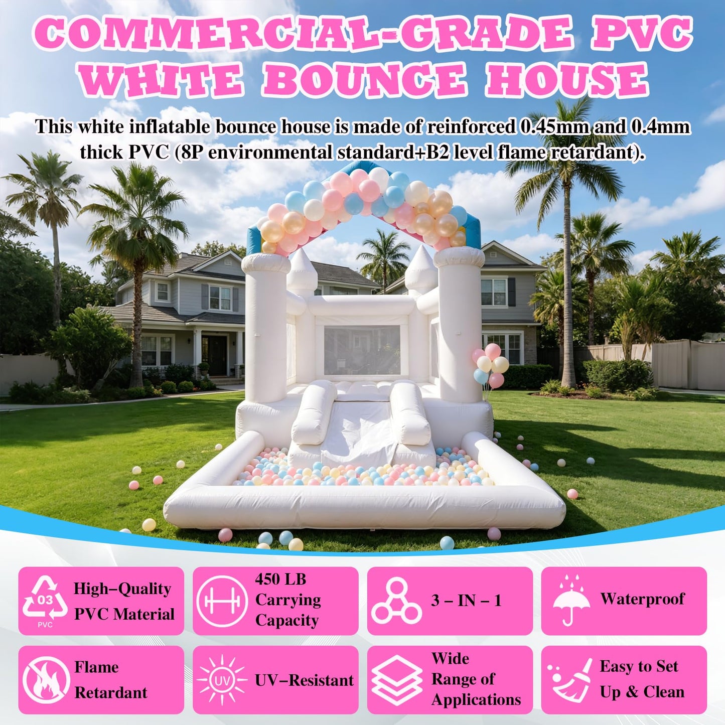 14.1FT White Bounce House Castle for Kids, w/Slide & Ball Pit