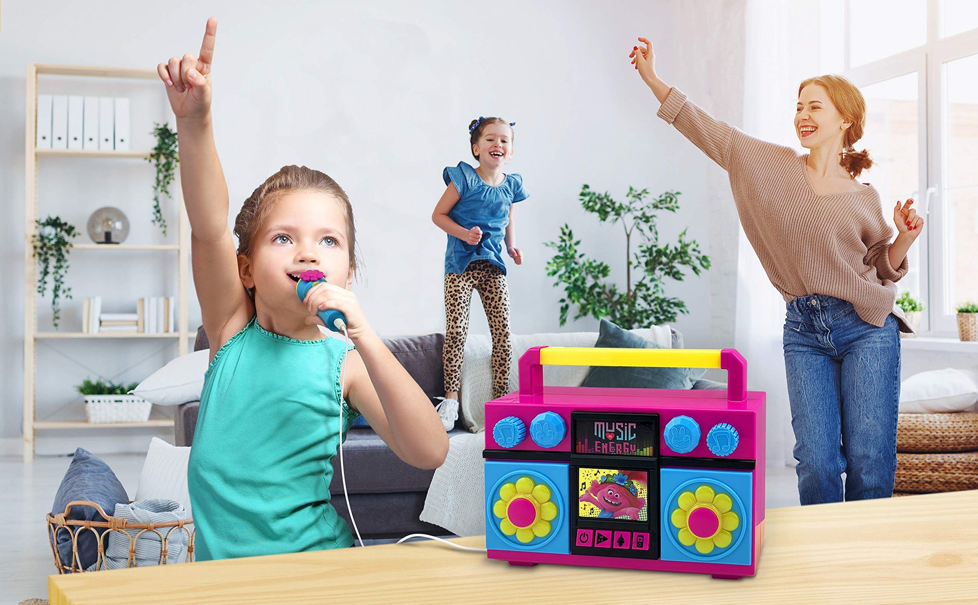 ekids Trolls World Tour Sing Along Boom Box Speaker with Microphone for Fans of Trolls Toys for Girls, Kids Karaoke Machine with Built in Music and