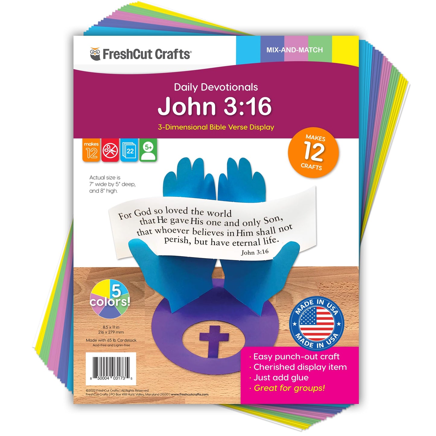 FreshCut Crafts John 3:16 Punch-Out 3-D Paper Kit, 12 Colorful Tabletop Displays Bible Craft for Kids Ages 5 & Up, Perfect for Sunday School, Church