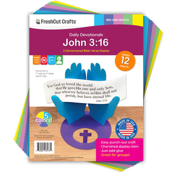 FreshCut Crafts John 3:16 Punch-Out 3-D Paper Kit, 12 Colorful Tabletop Displays Bible Craft for Kids Ages 5 & Up, Perfect for Sunday School, Church