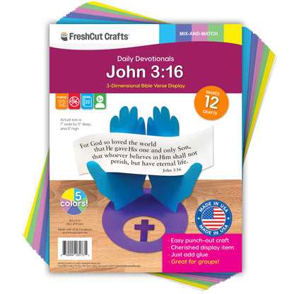 FreshCut Crafts John 3:16 Punch-Out 3-D Paper Kit, 12 Colorful Tabletop Displays Bible Craft for Kids Ages 5 & Up, Perfect for Sunday School, Church