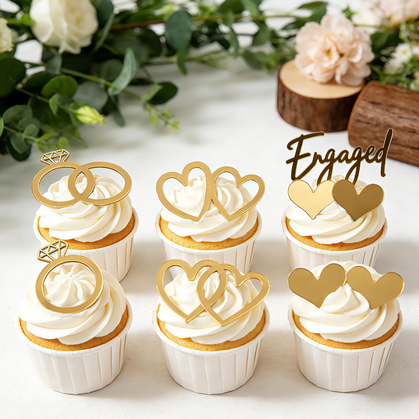 Engaged Cupcake Toppers Gold - Engagement Ring & Heart for Engagement Party Decorations, Bridal Shower Cupcakes, Dessert Table, Engagement Celebration