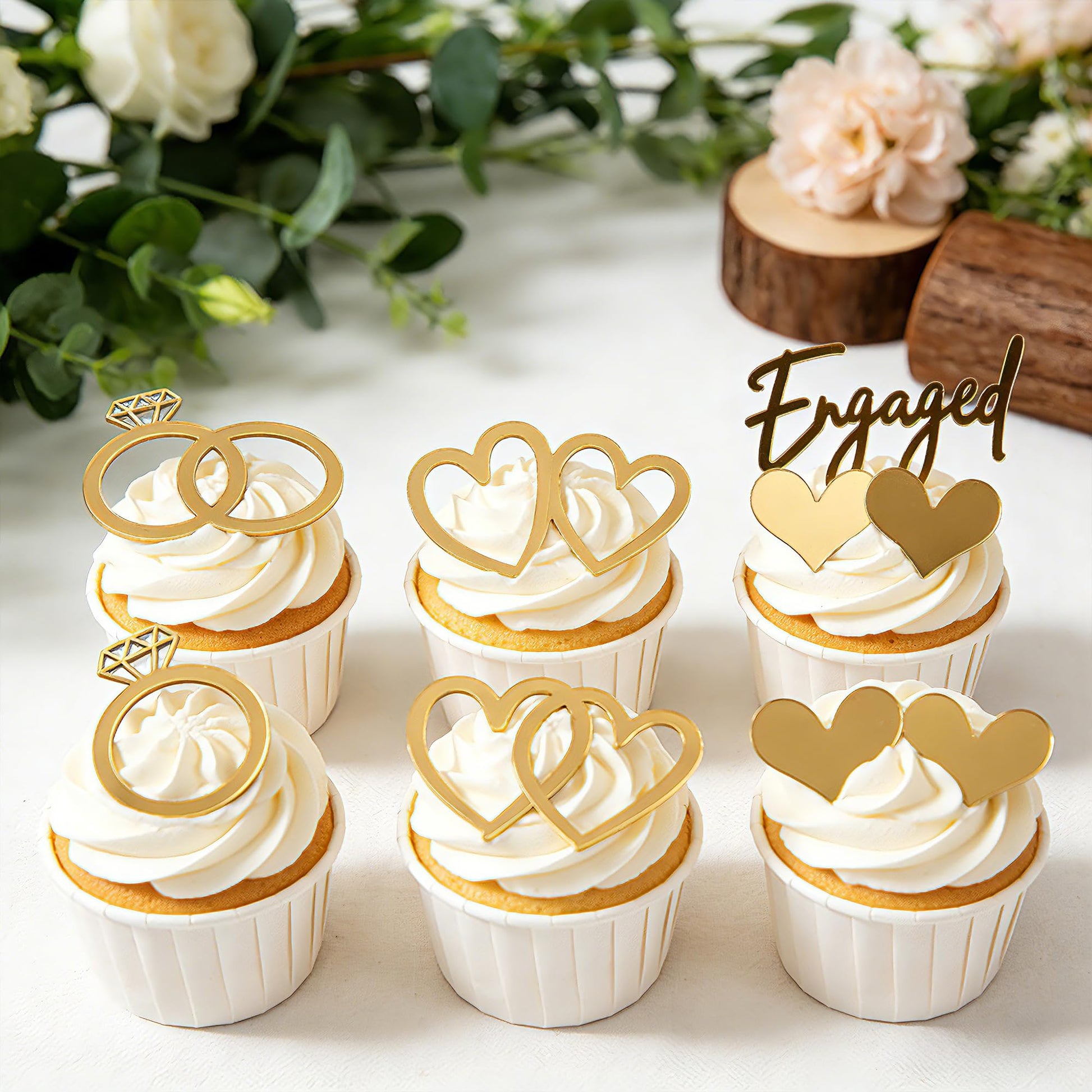 Engaged Cupcake Toppers Gold - Engagement Ring & Heart for Engagement Party Decorations, Bridal Shower Cupcakes, Dessert Table, Engagement Celebration