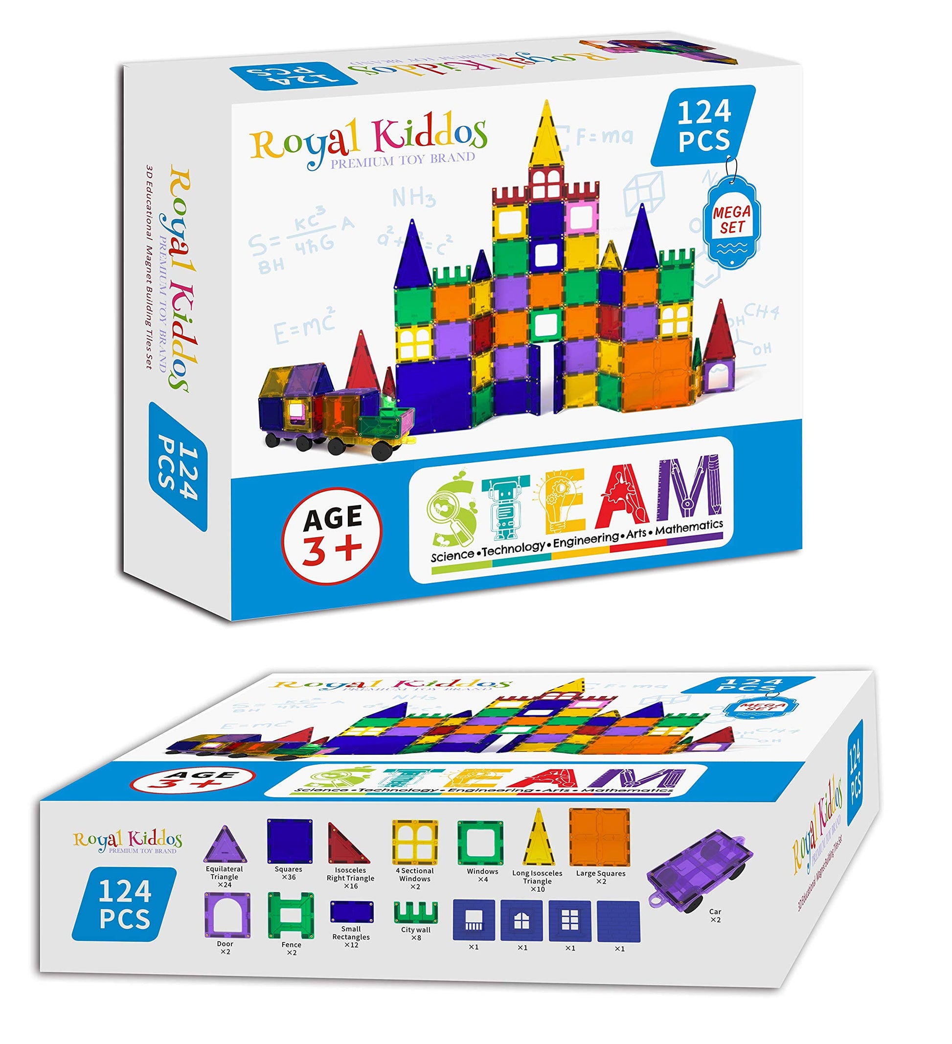 Royal Kiddos - 124 PCS with 2 Cars - Magnetic Building Blocks Toys for Kids - Magnetic Tiles Building Set for Toddlers - Magnet Toys for Children