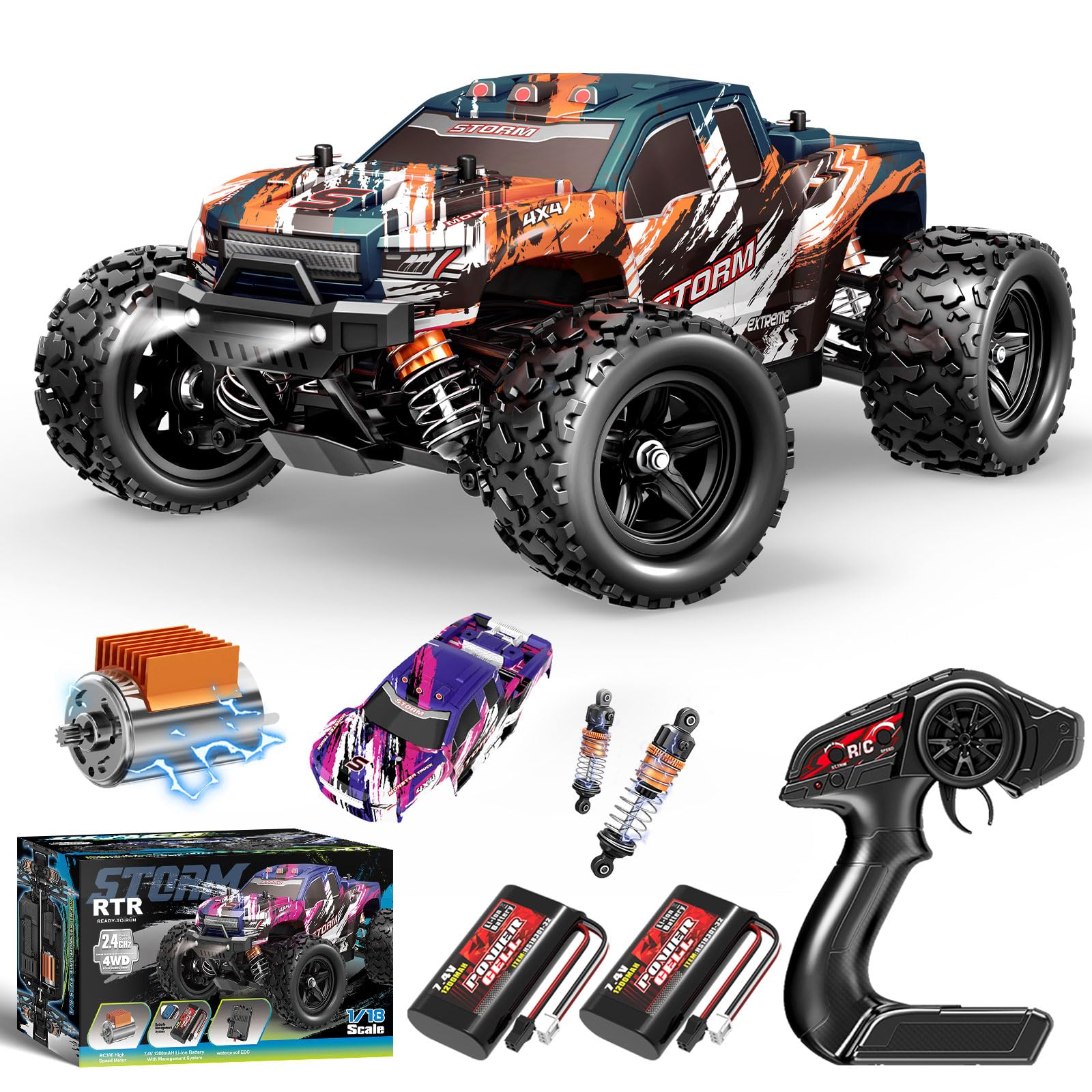 YESHIN 1:18 Scale All Terrain RC Car, 40 KPH High Speed 4WD Electric Vehicle with 2.4 GHz Remote Control, 4X4 Waterproof Off-Road Truck with Two