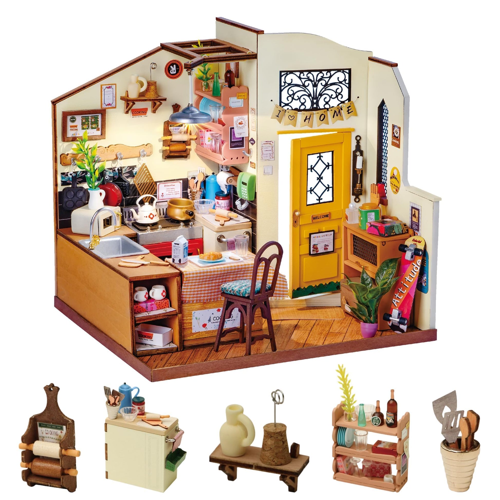 Robotime DIY Miniature House Kit, 1:18 Kitchen Diorama Dollhouse with LED Lights, 3D Wooden Puzzle for Adults, Craft Hobby Gift for Women Men Teens