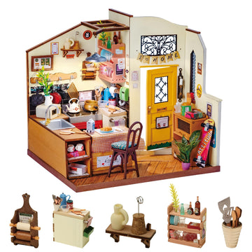 Robotime DIY Miniature House Kit, 1:18 Kitchen Diorama Dollhouse with LED Lights, 3D Wooden Puzzle for Adults, Craft Hobby Gift for Women Men Teens