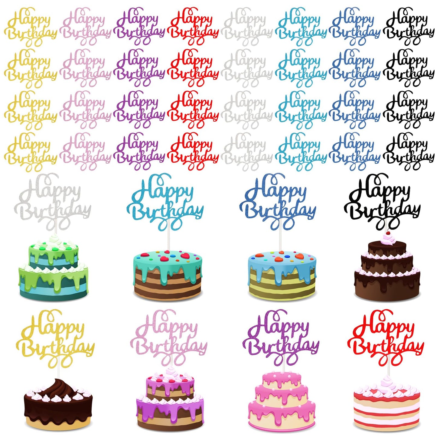Boao 40 Pieces Happy Birthday Cake Toppers 5.3 x 3.94 in Glitter Birthday Cupcake Topper Cake Party Supplies Decorations, 8 Colors