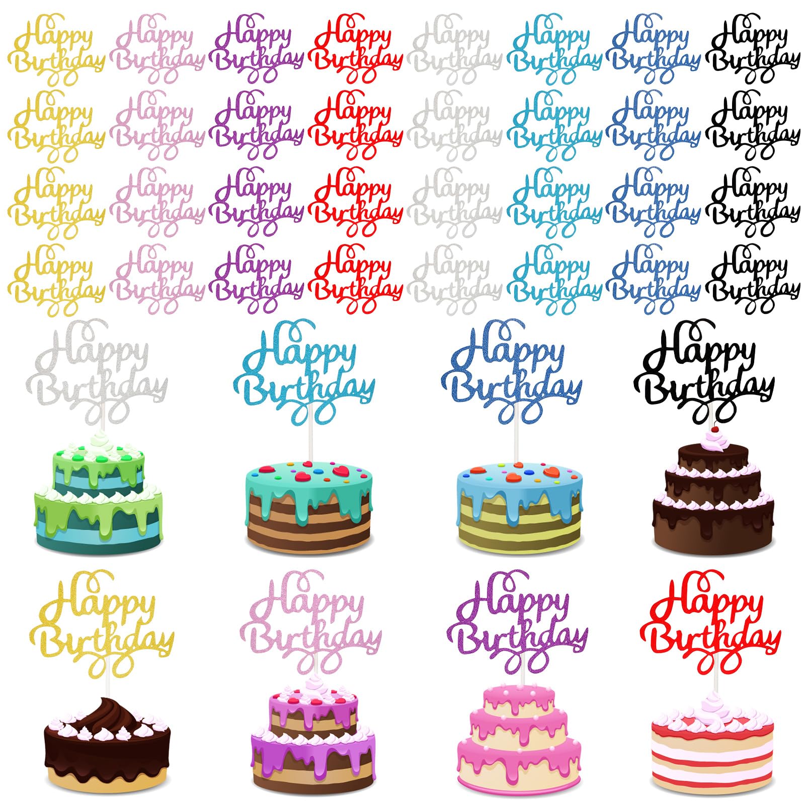Boao 40 Pieces Happy Birthday Cake Toppers 5.3 x 3.94 in Glitter Birthday Cupcake Topper Cake Party Supplies Decorations, 8 Colors