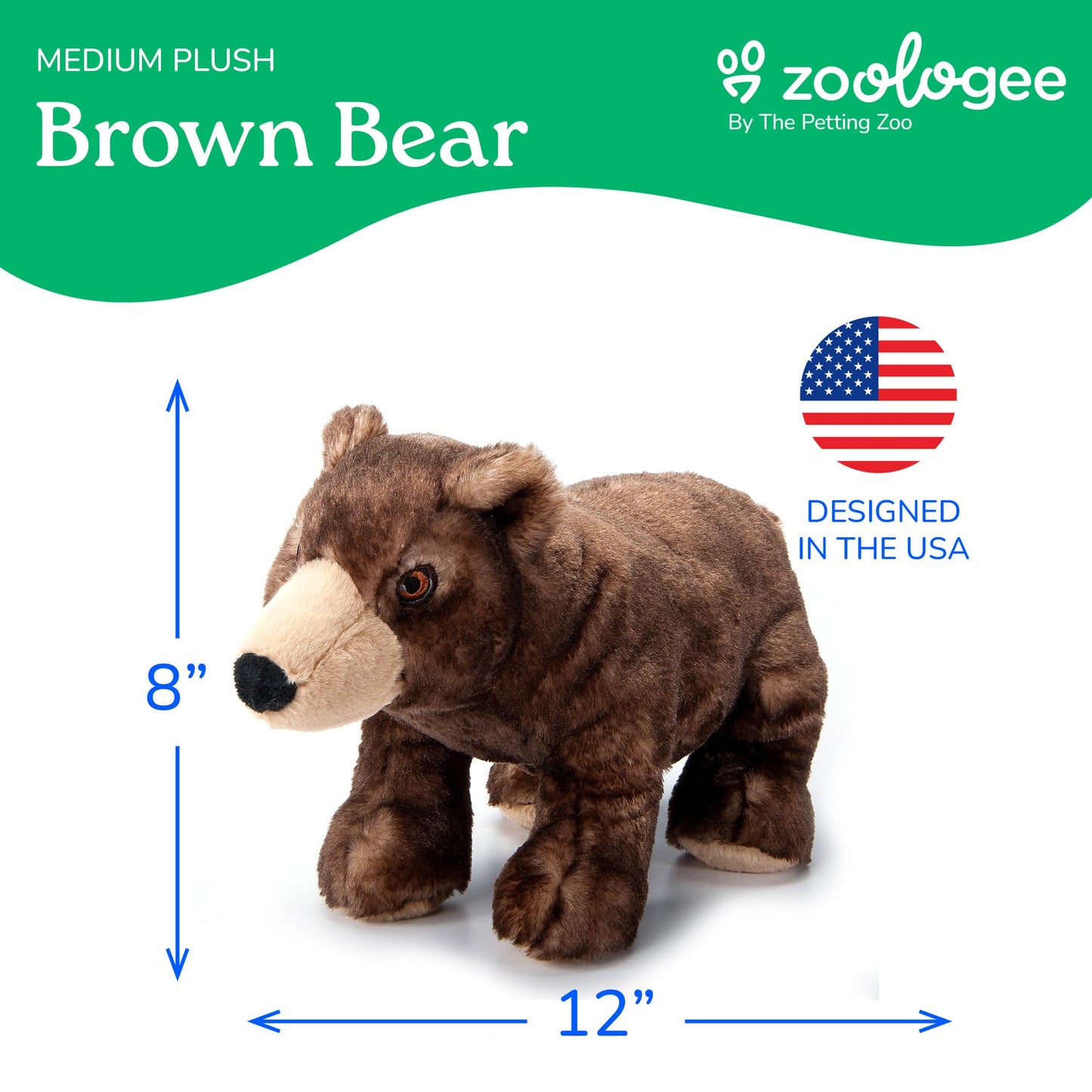 The Petting Zoo Brown Bear Stuffed Animal Plushie, Gifts for Kids, Earth Keeperz Wildlife Animals, Zoologee Brown Bear Plush Toy, 12 inches