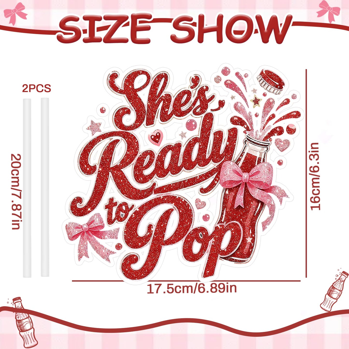 Shes Ready to Pop Cake Topper Red Glitter Soda Baby Shower Cake Decor for Baby Shower Gender Reveal Baby First Birthday Party Decorations