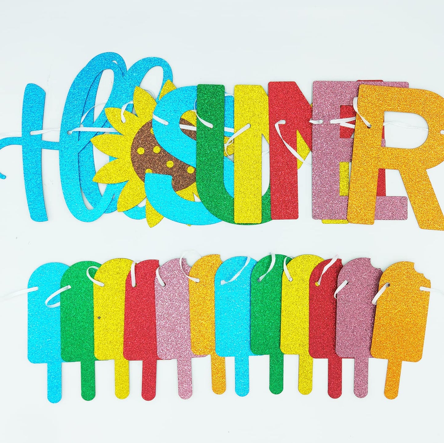 CAVLA Glitter Hello Summer Banner with Sunflower Signs and Colorful Glittery Popsicle Banner Hello Summer Ice Cream Garland Banner Summer Birthday