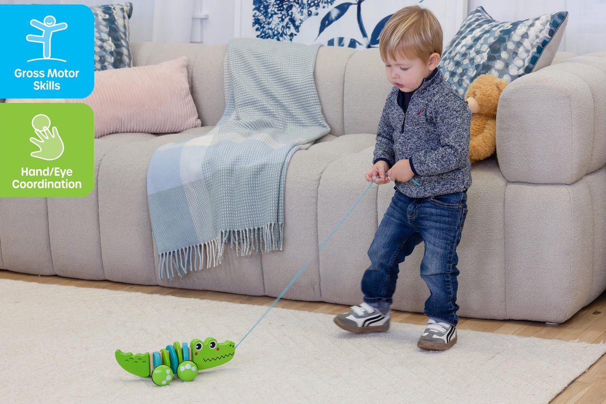 Jasey's Toy Chest Cruisin' Crocodile Wooden Pull Toy | Pull-Along Crocodile with Wiggly Zig-Zag Body, Chunky Wooden Wheels with Rubber Tread |