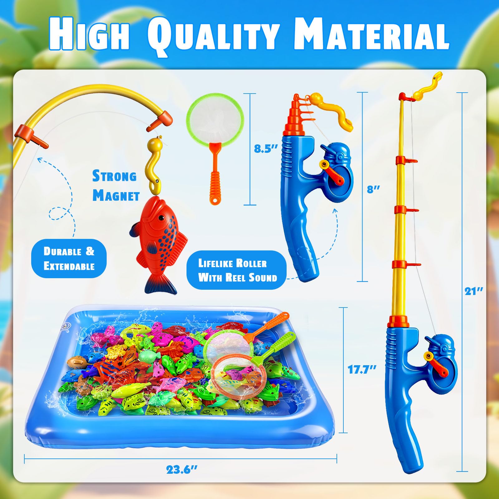 CozyBomB™ Magnetic Fishing Toys Game Set for Kids | Water Table Bathtub Kiddie Pool Party Pole Rod Net, Outdoor Plastic Floating Fish, Toddler Bath