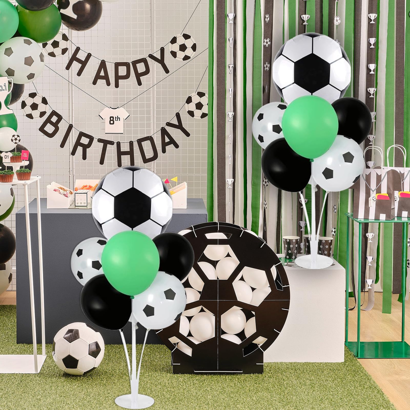 4 Sets Soccer Party Balloons Stand Kit, Soccer Party Balloon Centerpiece for Tables with 4pcs Soccer Foil Balloons,28pcs Black Green Soccer Balloon