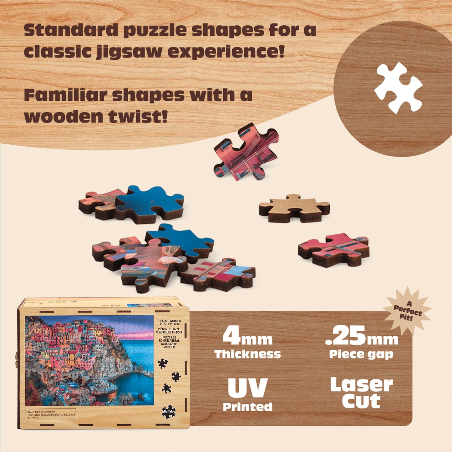 Buffalo Games - 500 Piece Wooden Jigsaw Puzzle - Cinque Terre - Standard Cut Pieces - Wooden Box - Full Size Poster, Ages 14 - Precision-Cut Pieces
