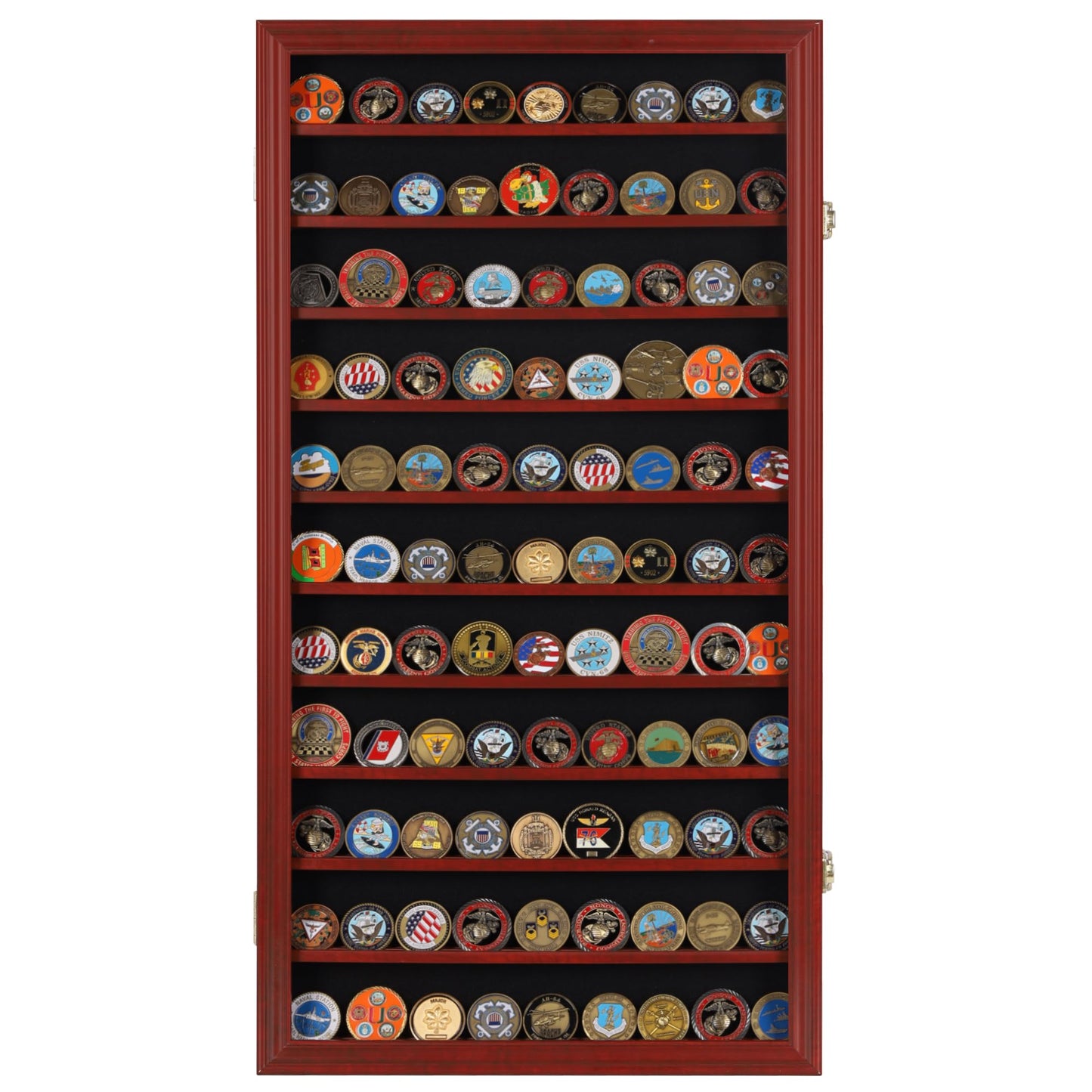 DisplayGifts Military Challenge Coin Display Case Poker Chips Holder Wall Cabinet Showcase Rack Stand Mahogany Finish