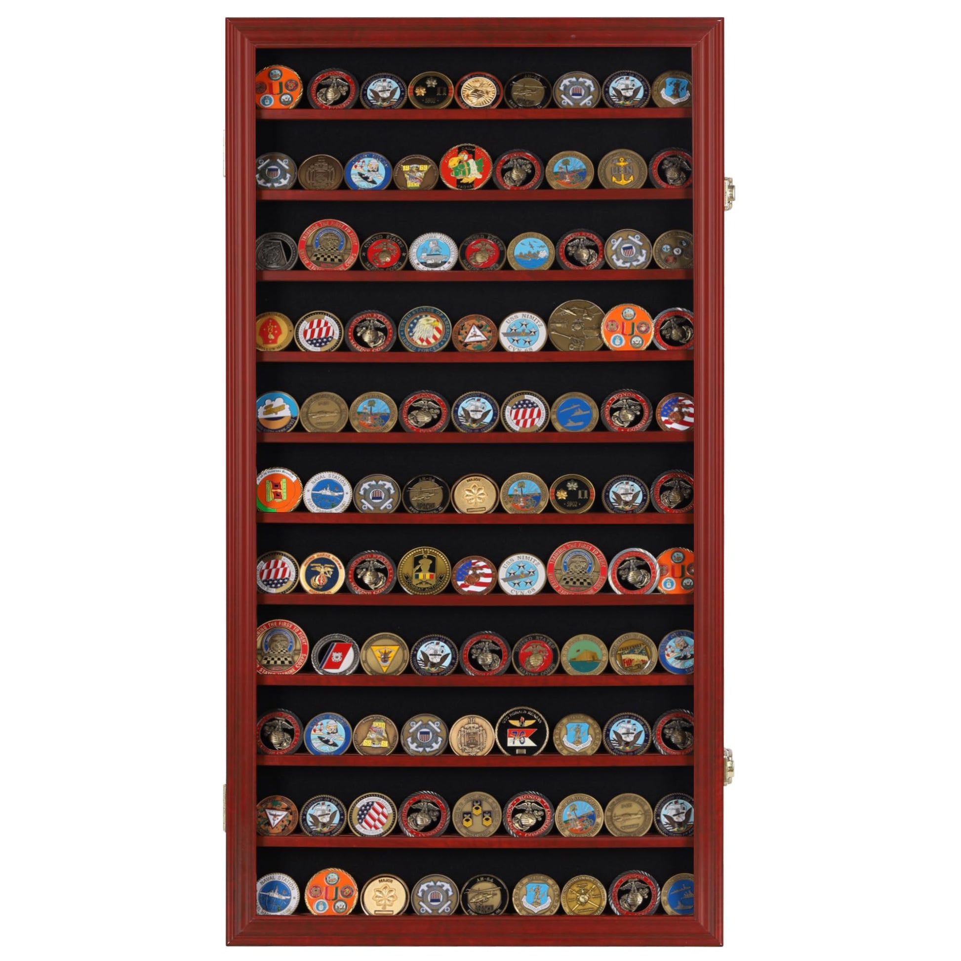 DisplayGifts Military Challenge Coin Display Case Poker Chips Holder Wall Cabinet Showcase Rack Stand Mahogany Finish