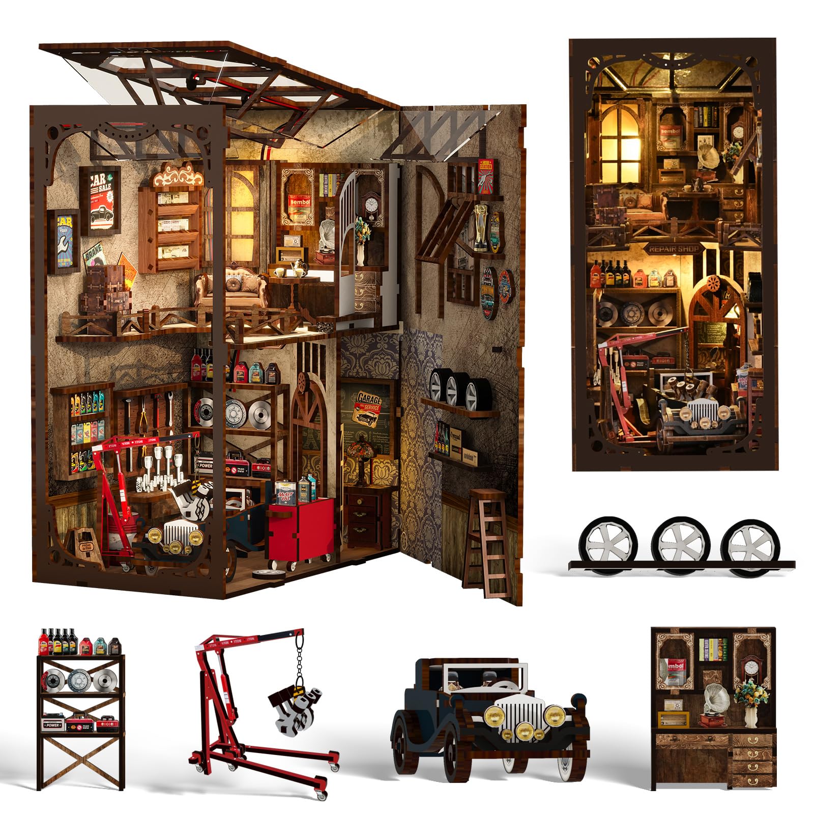 qpdbookpd Book Nook Kits, for Adults - DIY Miniature Bookshelf Insert with LED Lights, Creative Craft Book Nook Kits for Adults(Craftsmanship Repair