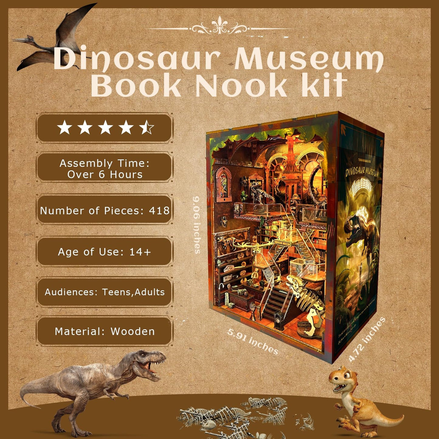 Book Nook Kit - DIY 3D Wooden Puzzle Miniature House with LED Lights - Creative Crafts for Adults - Bookshelf Insert Decor - Educational Gift