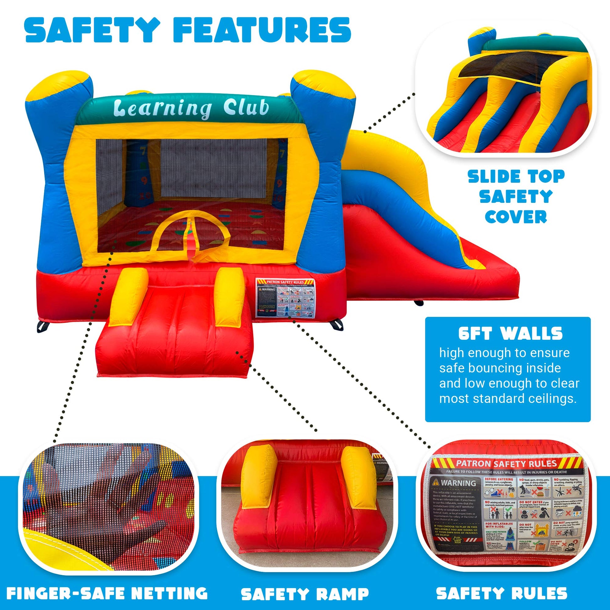 Hullaballoo Learning Club Commercial Inflatable Bounce and Slide Combo, Educational Kids Jump 'n Slide Bounce House with Blower Included and 2 Sliding