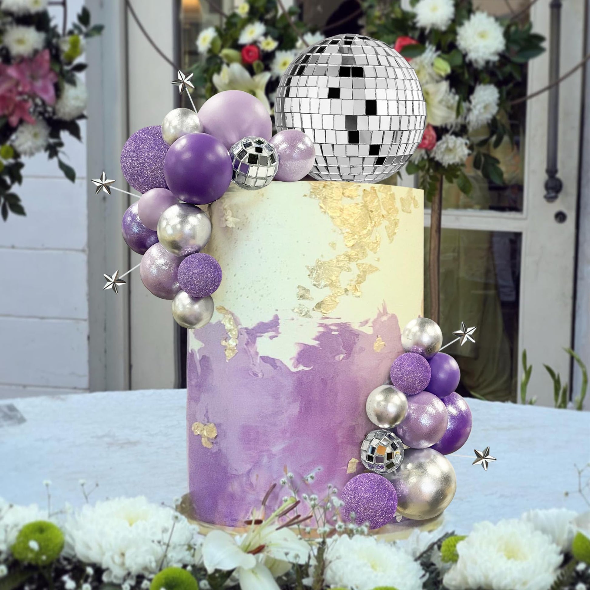 32PCS Disco Purple Ball Cake Topper Decoration for Wedding Birthday Baby Shower Party Cake Decoration Supplies
