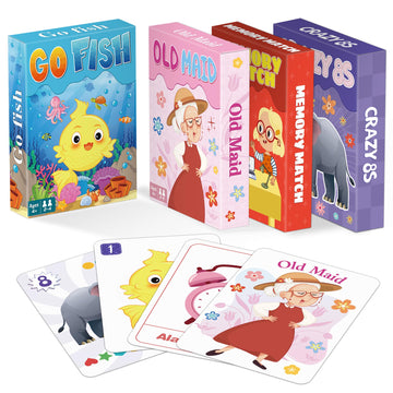 Kids Card Games, Go Fish, Old Maid, Memory Match and Crazy 8s, Go Fish Card Game for Kids 4-8, Fun Toddler Card Games for Family Game Night Party