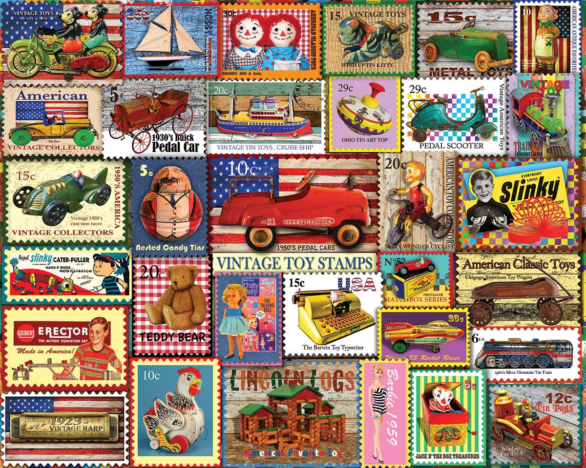 White Mountain 1000 Piece Jigsaw Puzzle, Vintage Toy Stamps