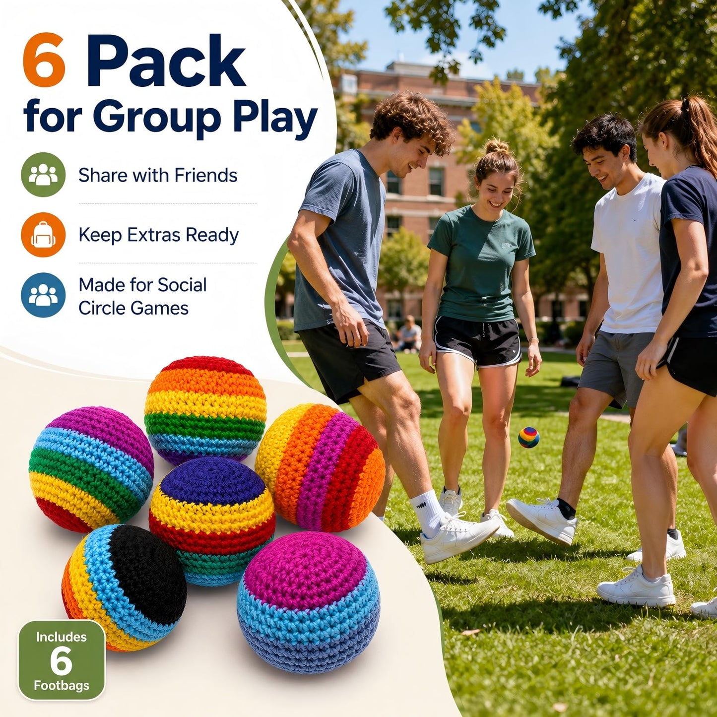 6-Pack Hacky Footbags Sack, Handmade Crochet Footbag Set for Teens & Adults