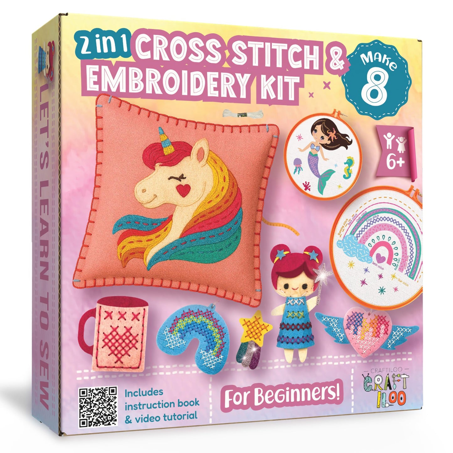 CRAFTILOO 2 in1 Cross Stitch & Embroidery Kit for Kids Ages 6+ Make 8 Projects Backpack Charms, Keyring, Doll, Wall Art, Unicorn Pillow & Card Holder