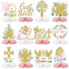 12Pcs Baptism Honeycomb Centerpieces Party Decor,Pink God Bless Cross Religious Baptism Table Centerpieces for Baby Shower First Communion Birthday