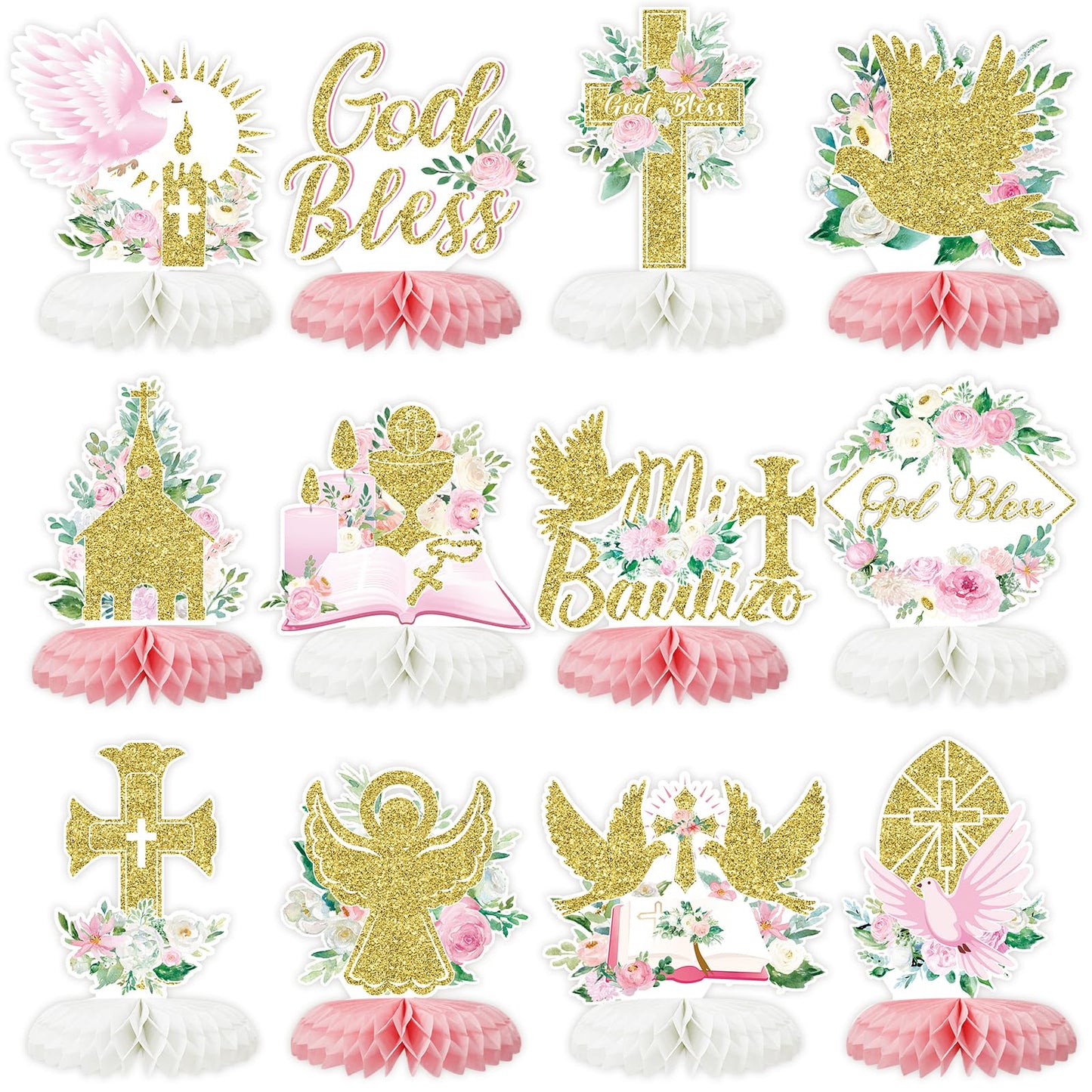 12Pcs Baptism Honeycomb Centerpieces Party Decor,Pink God Bless Cross Religious Baptism Table Centerpieces for Baby Shower First Communion Birthday