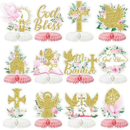 12Pcs Baptism Honeycomb Centerpieces Party Decor,Pink God Bless Cross Religious Baptism Table Centerpieces for Baby Shower First Communion Birthday